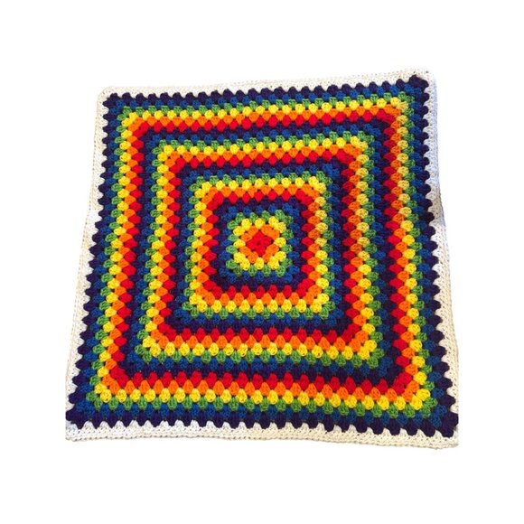 Handmade Rainbow 🌈 Crochet Granny Square Blanket – 25x25” Vibrant Throw / Baby - Picture 1 of 8